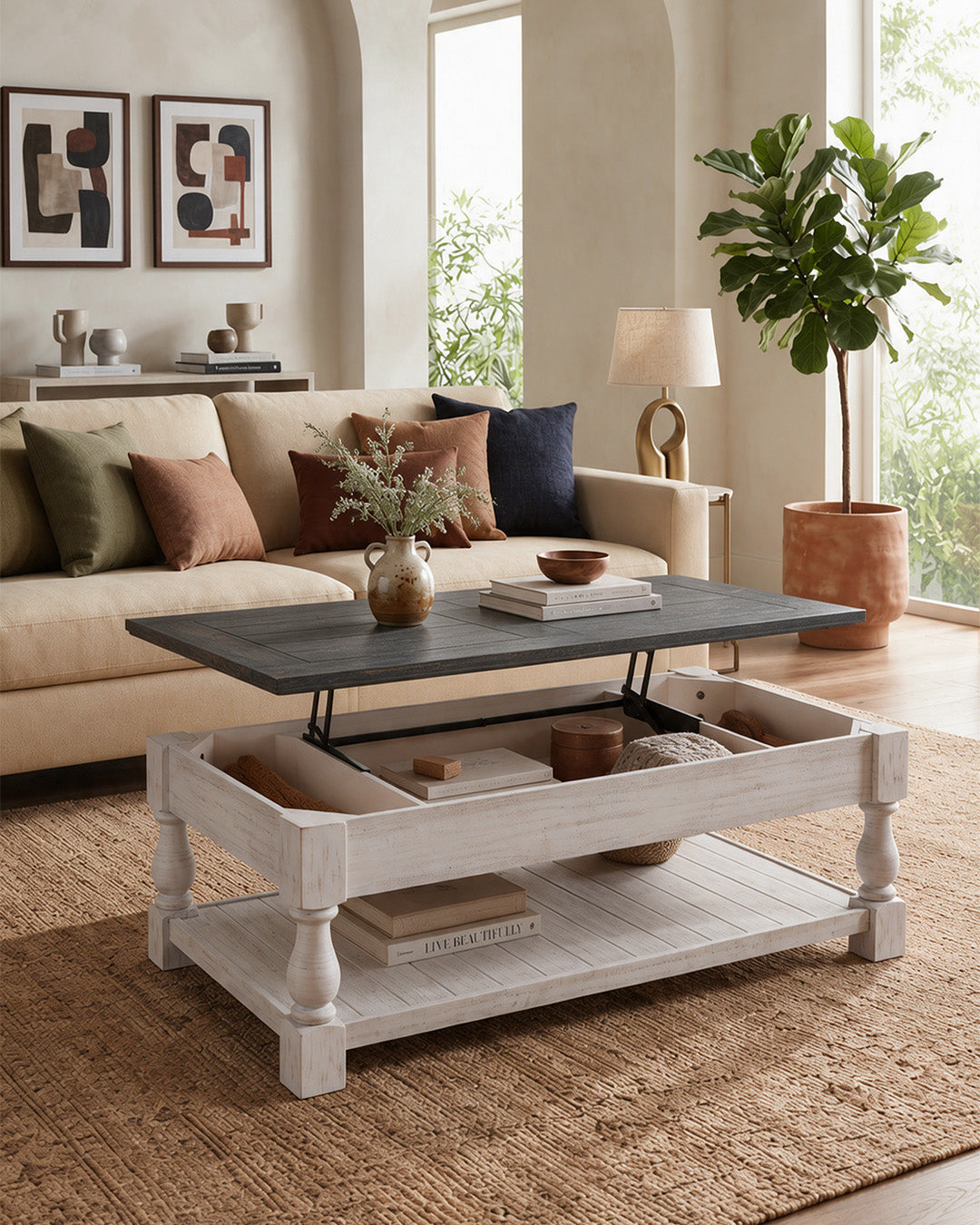 Lift Coffee Table Rear Angle View with pen Table-Top Storage