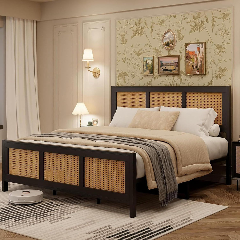 Bohemian Rattan Bed - Solid Wood Bed with Woven Rattan – Ramgarh Crafts