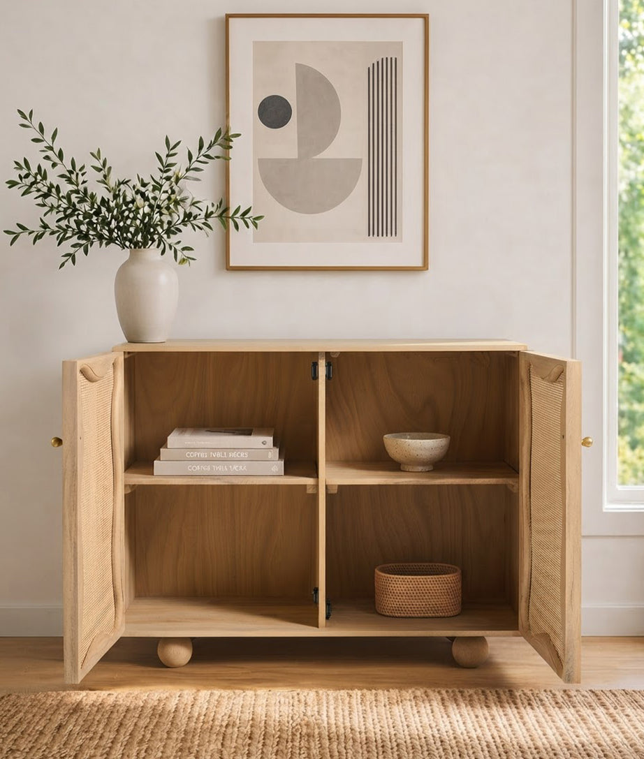Cedric Sideboard Front Angle Open Cabinet View 