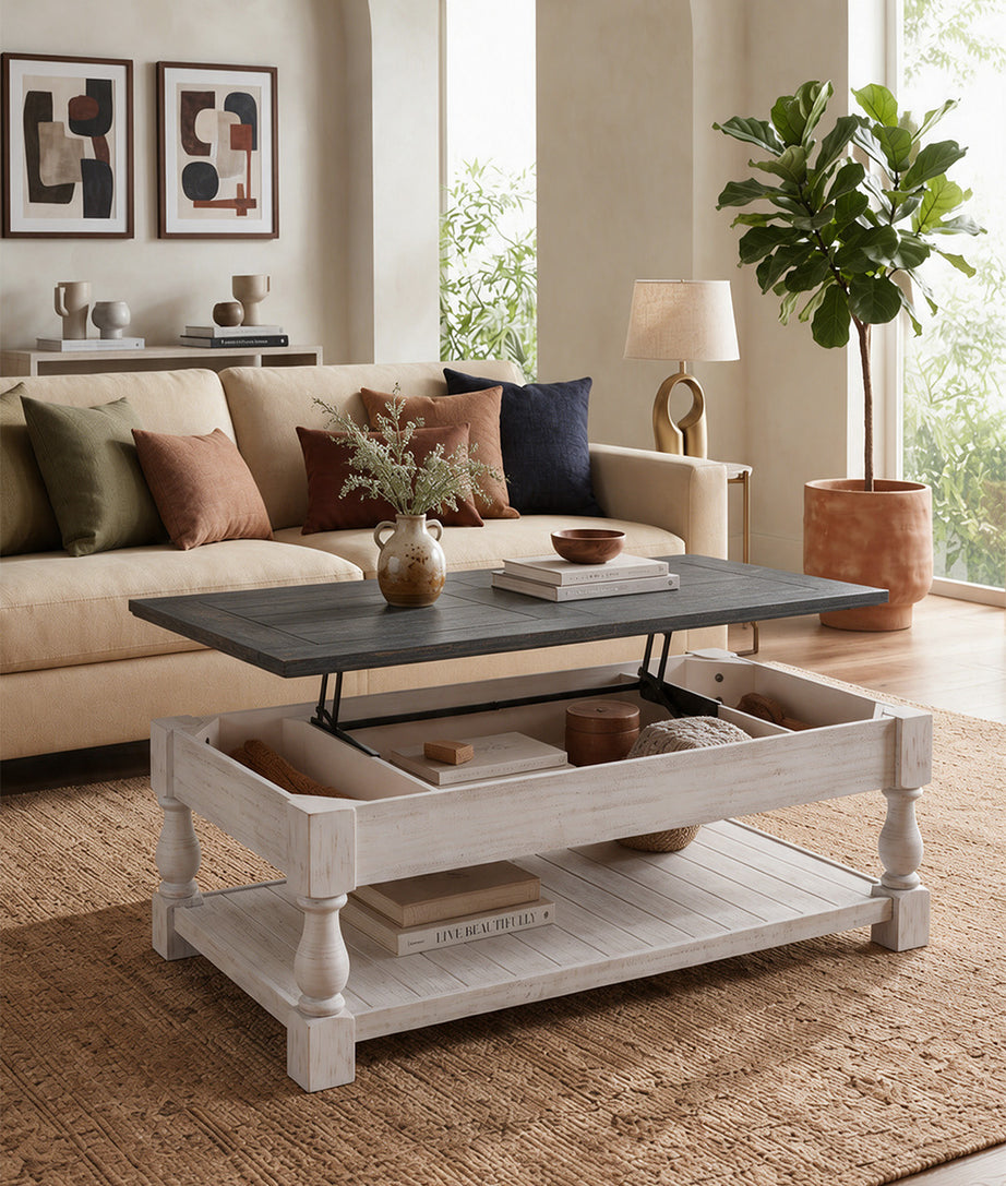 Lift Coffee Table Rear Angle View with pen Table-Top Storage